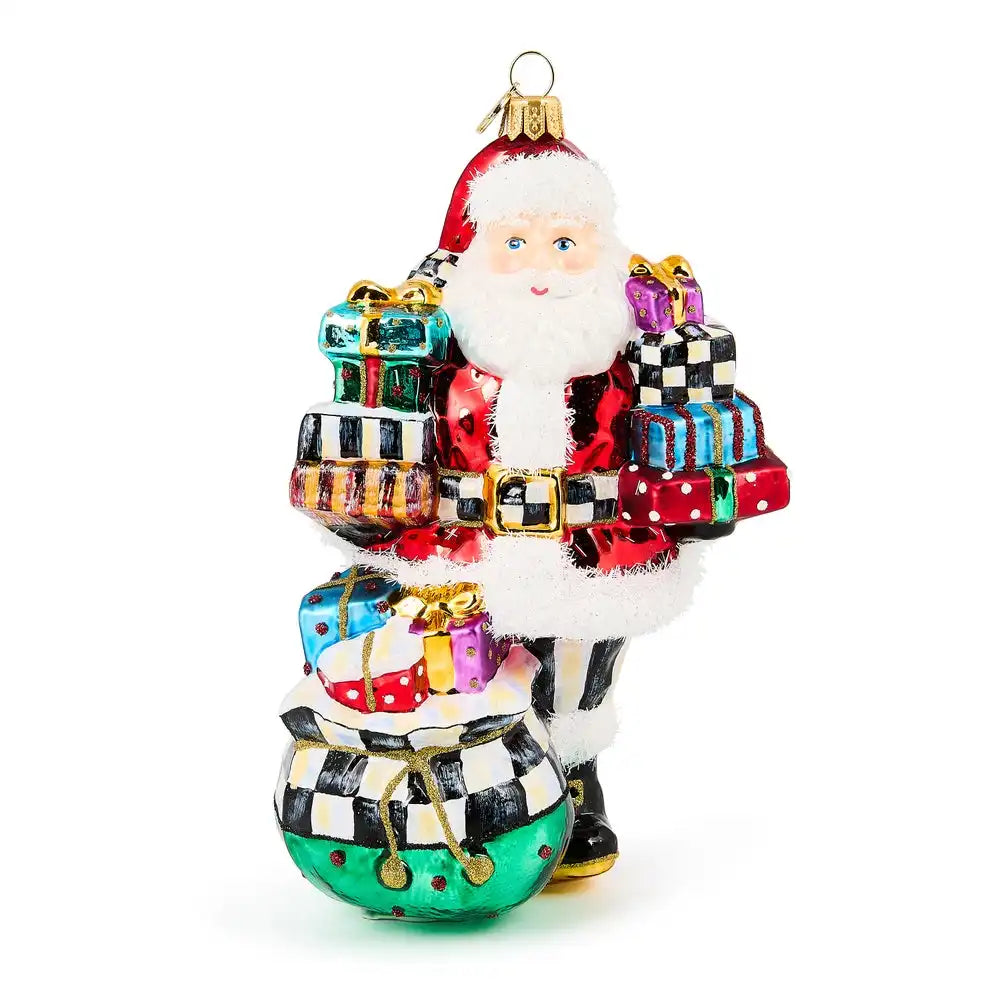 Santa with Gifts Glass Ornament