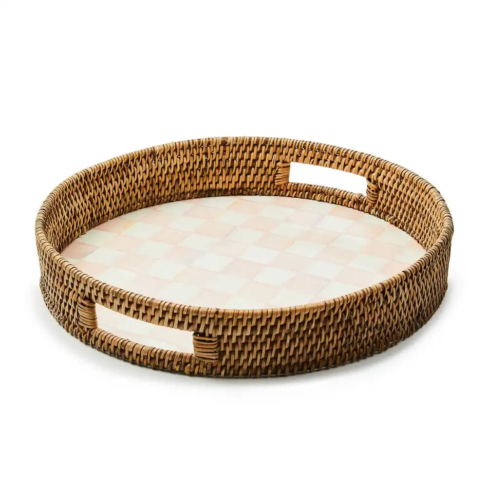 Rosy Check Enamel & Rattan Round Serving Tray