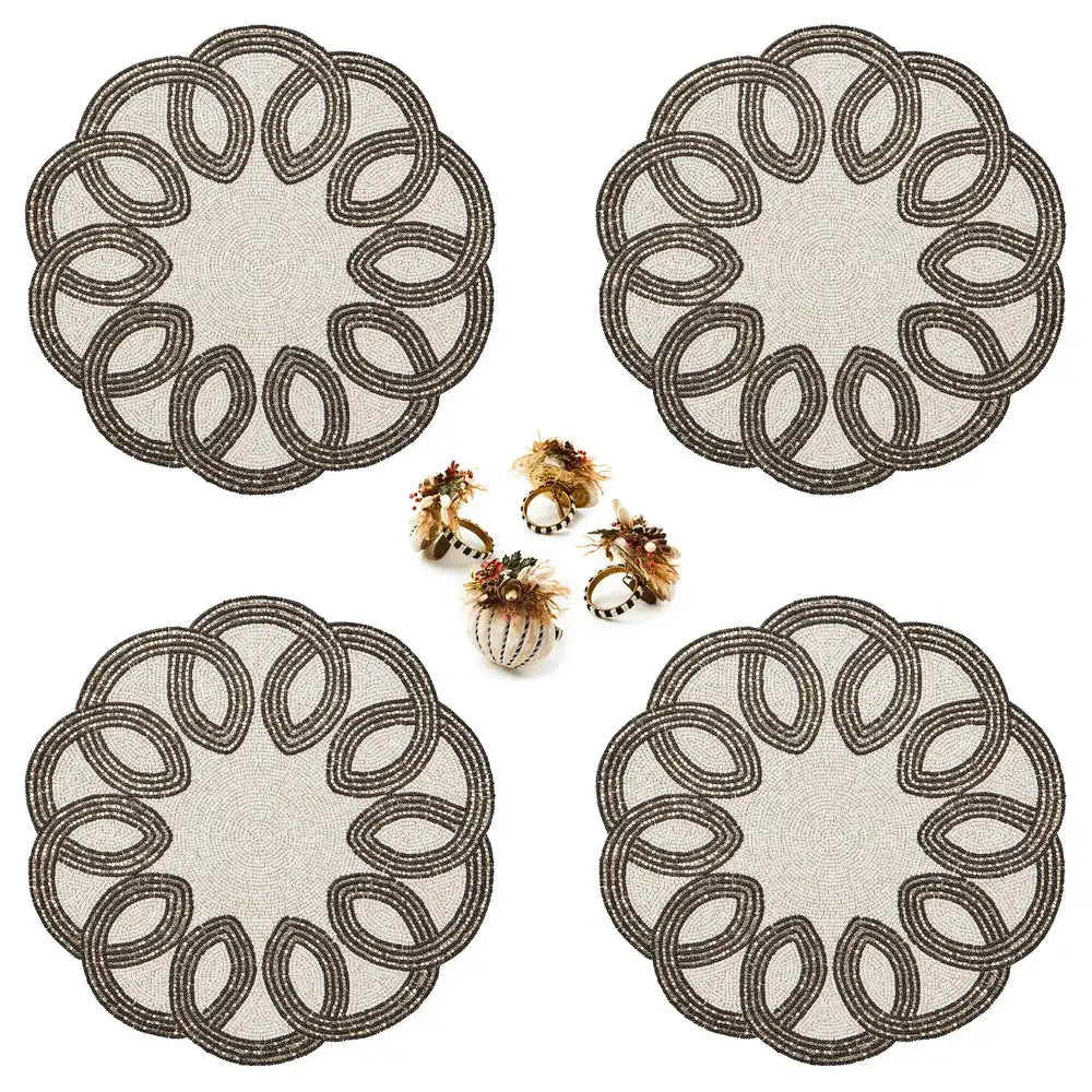 Black & White Placemats & Autumn Frost Napkin Rings, Set of 4