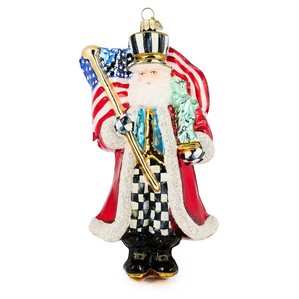 Santa with Flag Glass Ornament